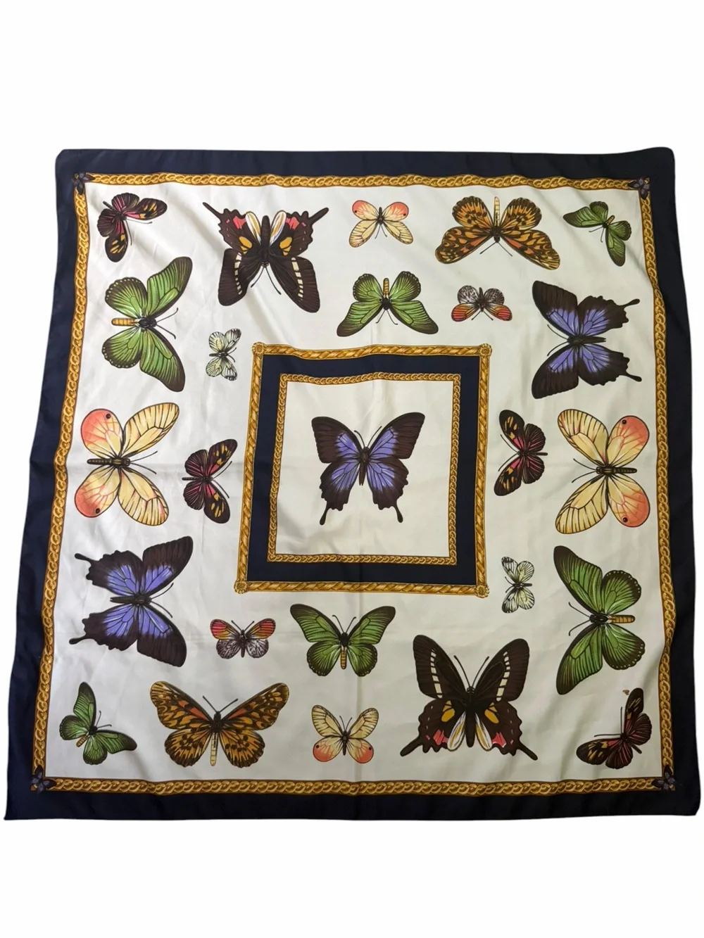 Butterfly Print Poly Scarf in Cream, Green & Purple
